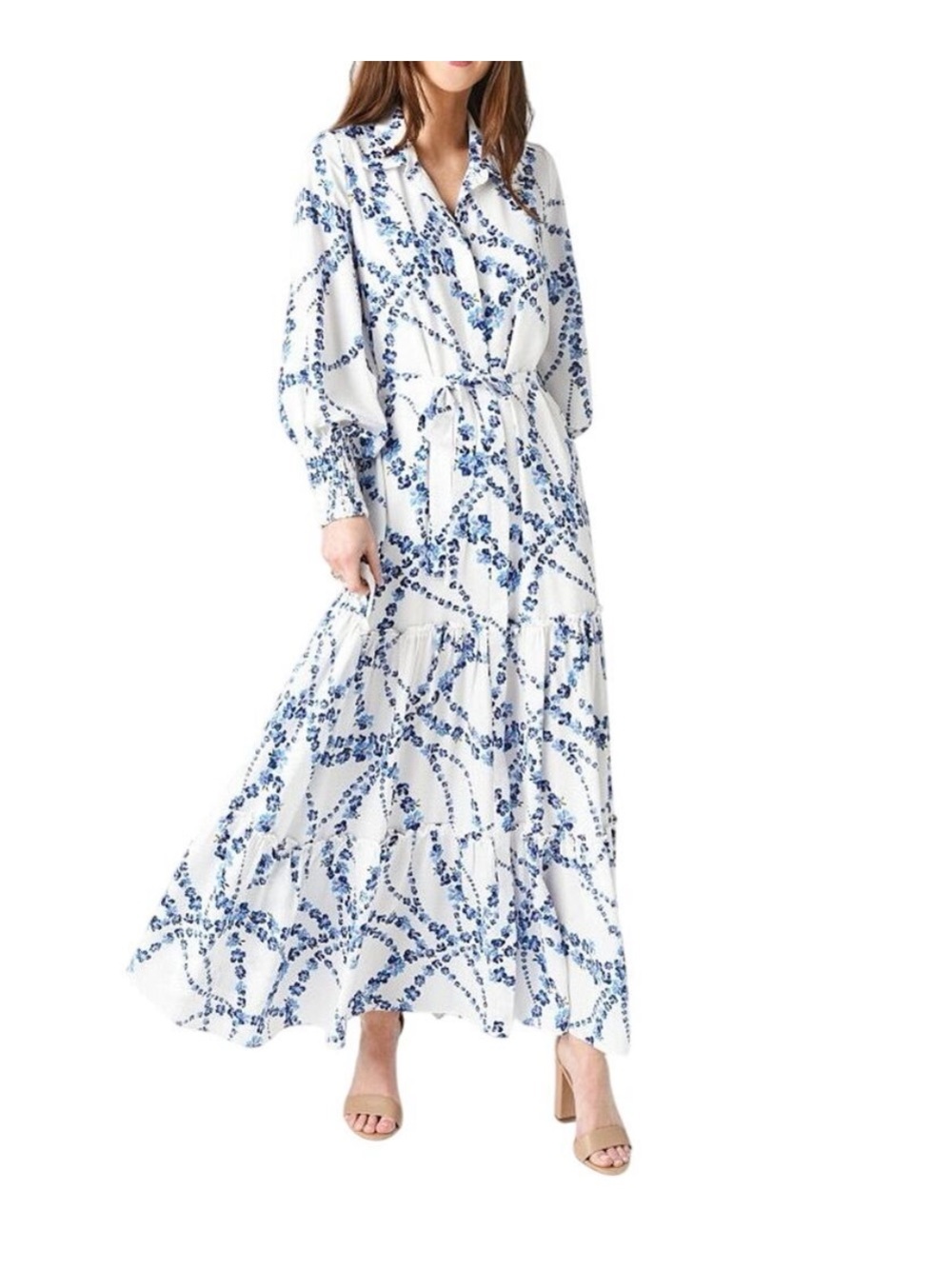 MISA Los Angeles White and Blue Floral Maxi Dress